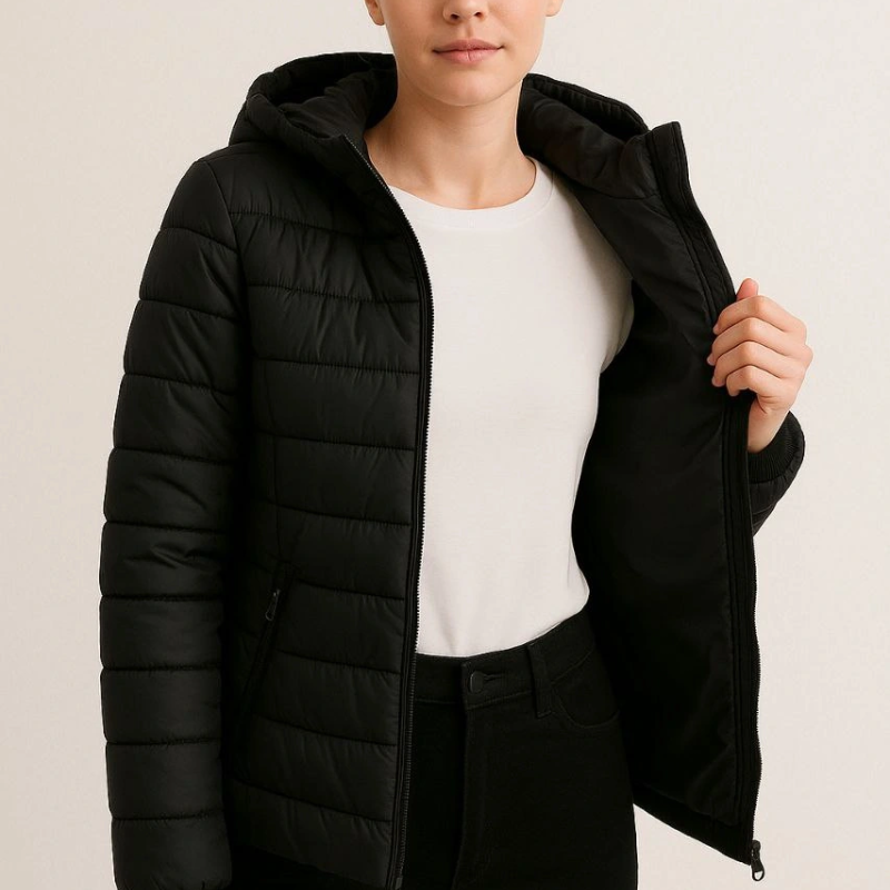 Şişme Kapüşonlu Fermuarlı Mont Su itici Kapitone Astarlı Kumaş Cepli Kışlık Rahat Kalıp - Siyah