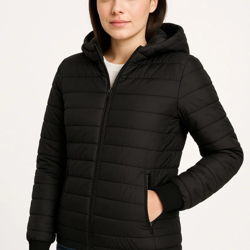 Şişme Kapüşonlu Fermuarlı Mont Su itici Kapitone Astarlı Kumaş Cepli Kışlık Rahat Kalıp - Siyah