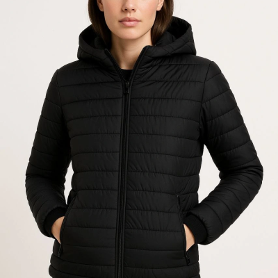 Şişme Kapüşonlu Fermuarlı Mont Su itici Kapitone Astarlı Kumaş Cepli Kışlık Rahat Kalıp - Siyah