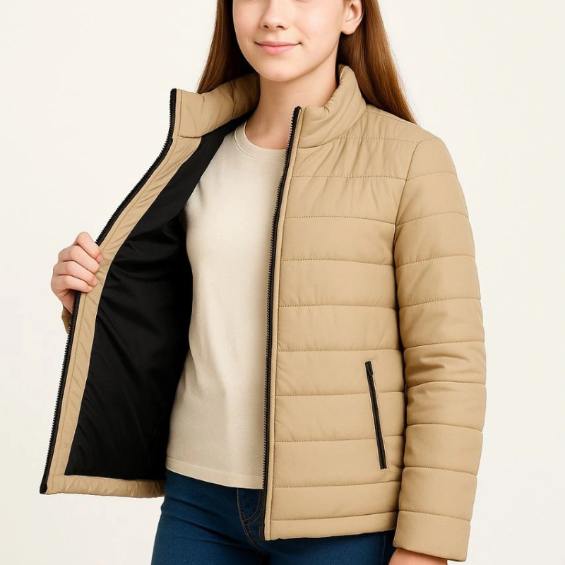 Şişme Mont Hafif ve Sıcak Tutucu Kışlık Fermuarlı Su İtici Rahat Günlük Mont Kapüşonuz Modern Tasarım - Bej