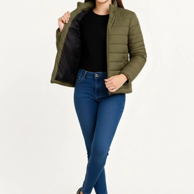 Şişme Mont Hafif ve Sıcak Tutucu Kışlık Fermuarlı Su İtici Rahat Günlük Mont Kapüşonuz Modern Tasarım- Haki