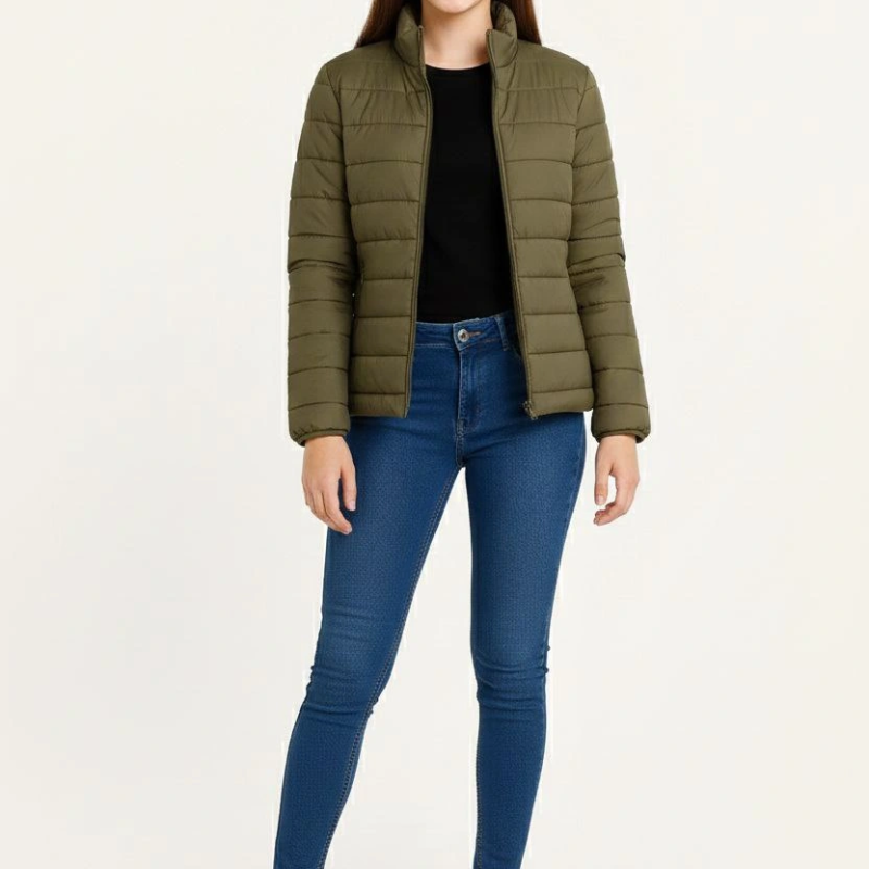 Şişme Mont Hafif ve Sıcak Tutucu Kışlık Fermuarlı Su İtici Rahat Günlük Mont Kapüşonuz Modern Tasarım- Haki