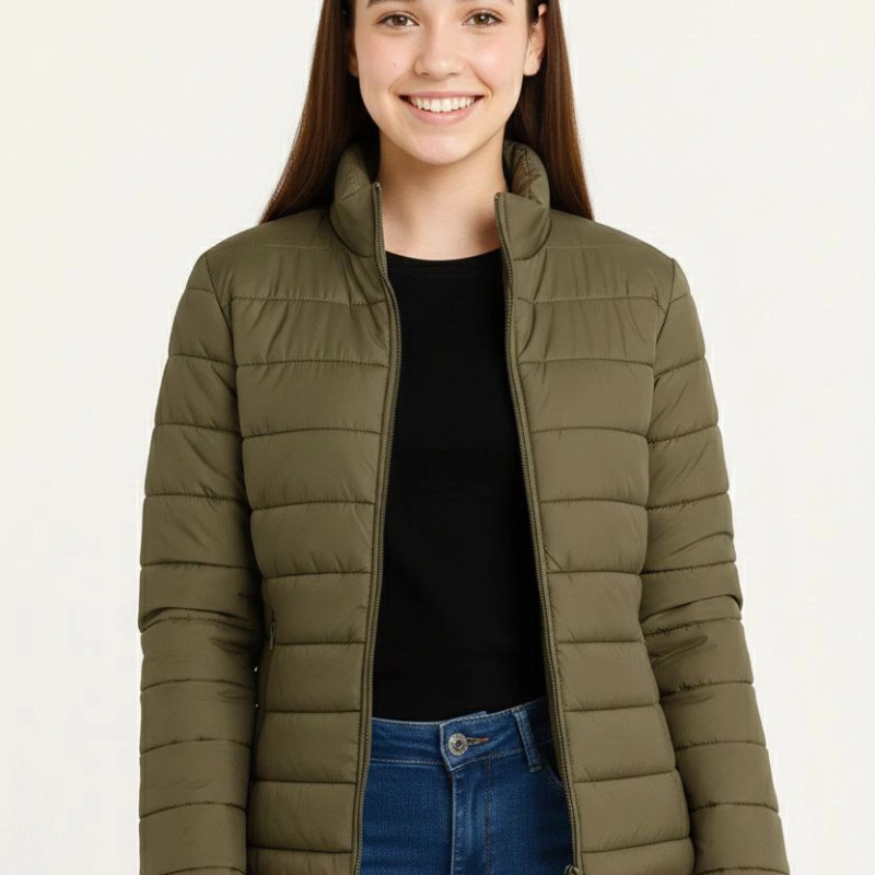 Şişme Mont Hafif ve Sıcak Tutucu Kışlık Fermuarlı Su İtici Rahat Günlük Mont Kapüşonuz Modern Tasarım- Haki