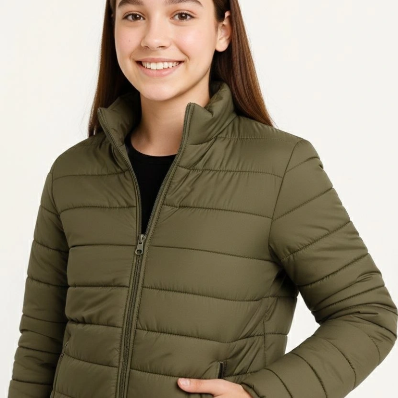 Şişme Mont Hafif ve Sıcak Tutucu Kışlık Fermuarlı Su İtici Rahat Günlük Mont Kapüşonuz Modern Tasarım- Haki