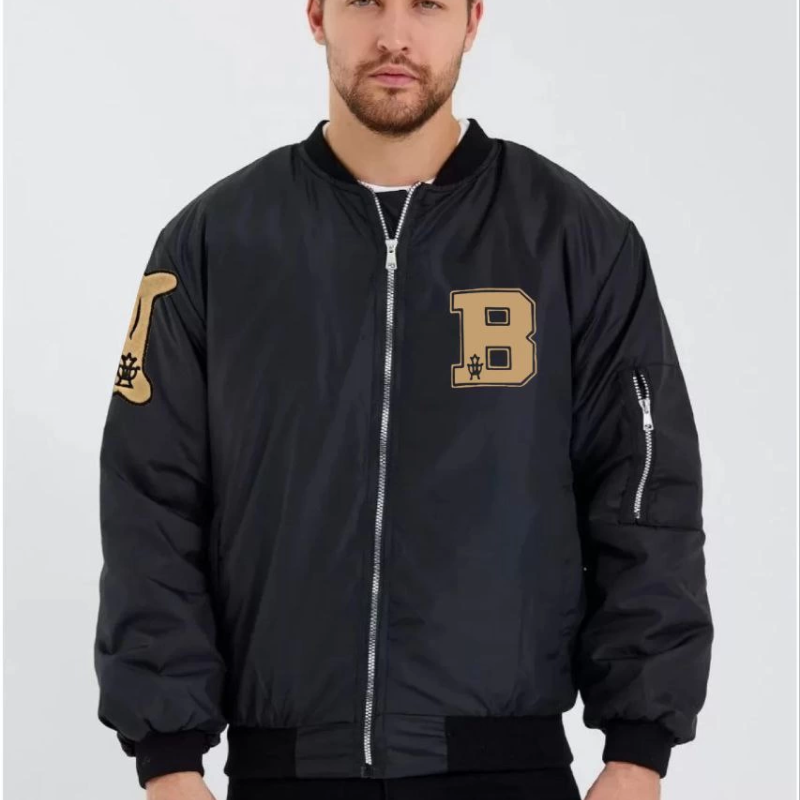 Siyah Bomber Kolej Mont – B Harfi ve Kemik Baskılı -