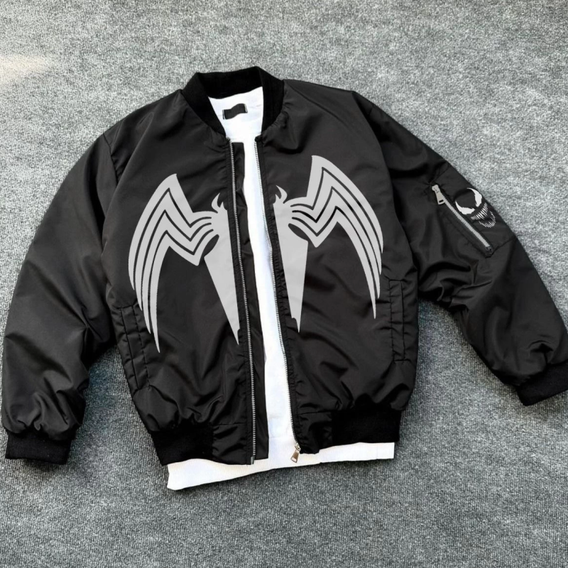 Siyah Bomber Mont – Venom Beyaz Örümcek Logolu,- Siyah -