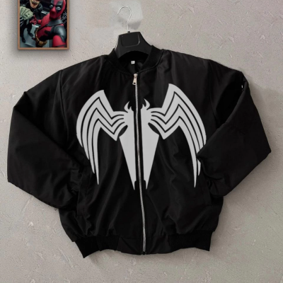 Siyah Bomber Mont – Venom Beyaz Örümcek Logolu,- Siyah -