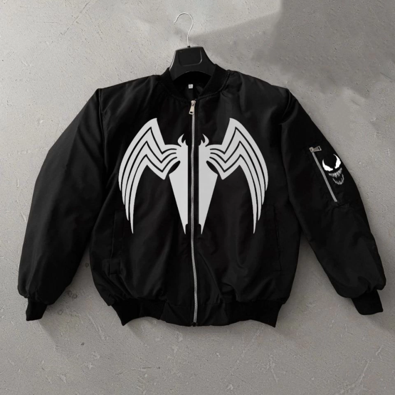 Siyah Bomber Mont – Venom Beyaz Örümcek Logolu,- Siyah -