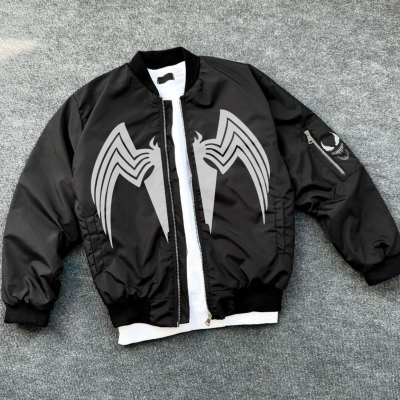 Siyah Bomber Mont – Venom Beyaz Örümcek Logolu,- Siyah -