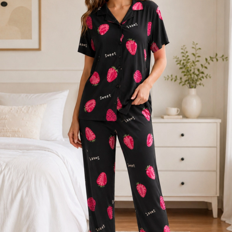 Siyah Çilek Desenli Kısa Kollu Gömlek Yaka Milan Kumaş Kadın Pijama Takımı