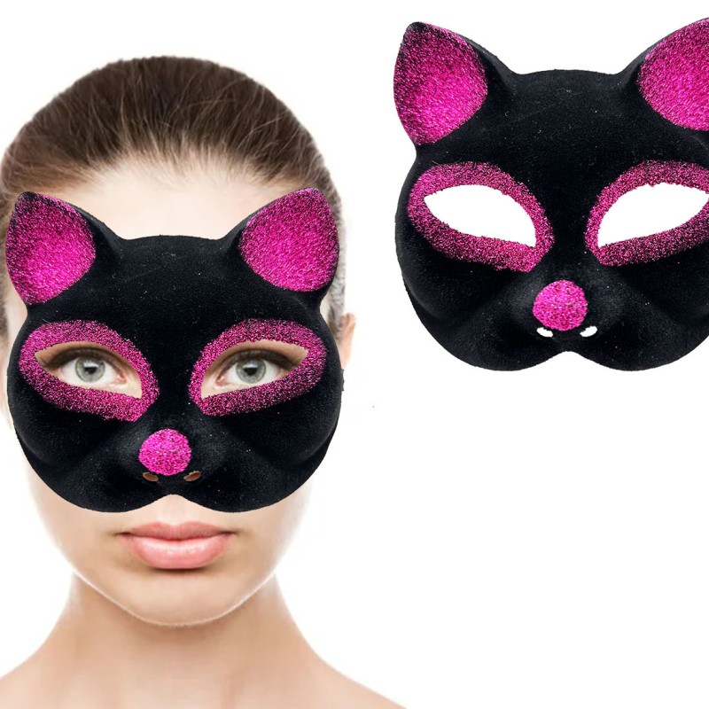 Siyah Fuşya Simli Süet Kedi Maskesi
