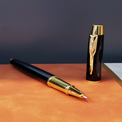 Siyah Gold Detaylı Termo Deri Defter Ve Metal Roller Kalem Hediye Seti  