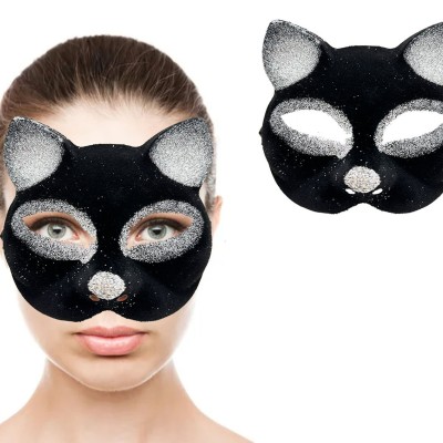 Siyah Gümüş Simli Kedi Maskesi