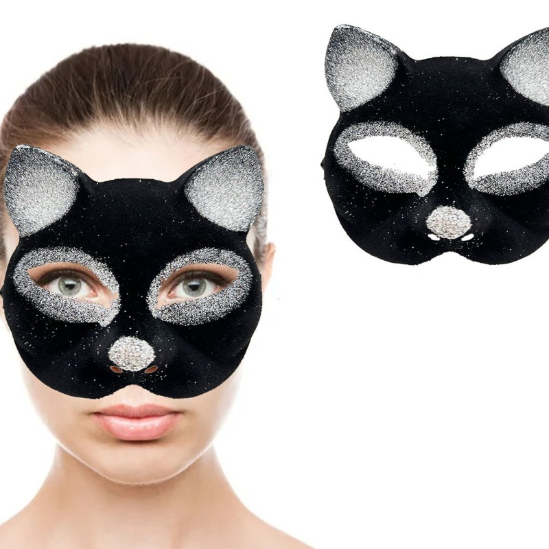 Siyah Gümüş Simli Kedi Maskesi