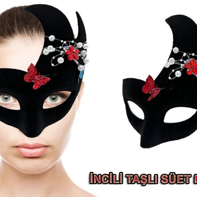 Siyah İncili Taşlı Süet Venedik Parti Maskesi