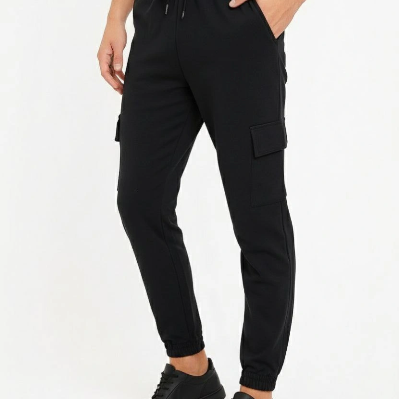 Siyah Jogger Eşofman Altı Rahat Kalıp, Kargo Cepli, Lastikli Paça, Günlük Spor Pantolon - Siyah