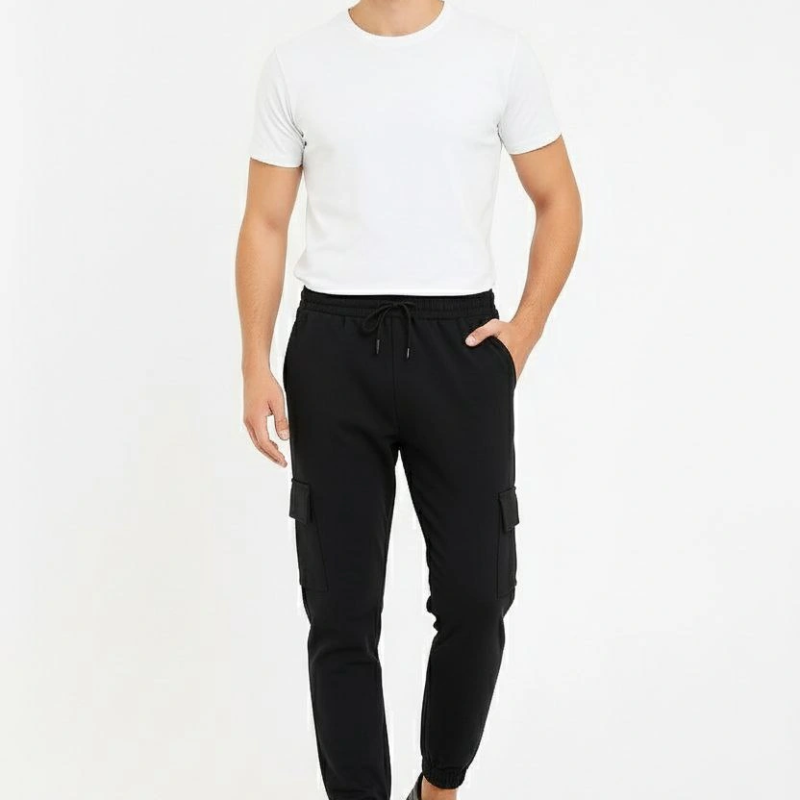 Siyah Jogger Eşofman Altı Rahat Kalıp, Kargo Cepli, Lastikli Paça, Günlük Spor Pantolon - Siyah