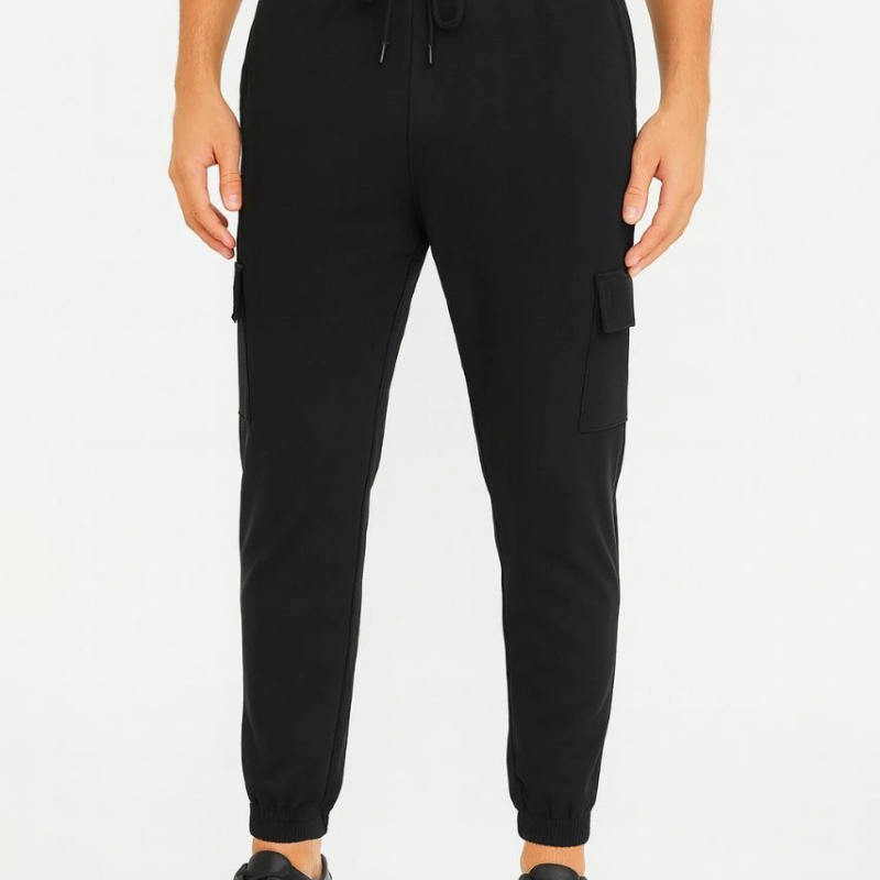 Siyah Jogger Eşofman Altı Rahat Kalıp, Kargo Cepli, Lastikli Paça, Günlük Spor Pantolon - Siyah