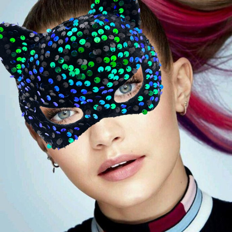 Siyah Kadife Mavi Yeşil Parti Maskesi