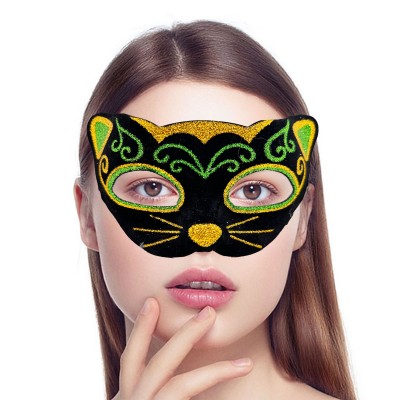 Siyah Kadife Sarı Yeşil Simli Kedi Maskesi