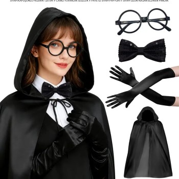 Siyah Kapüşonlu Büyücü ve Cadı Pelerin Kostüm Seti (4 Parça)