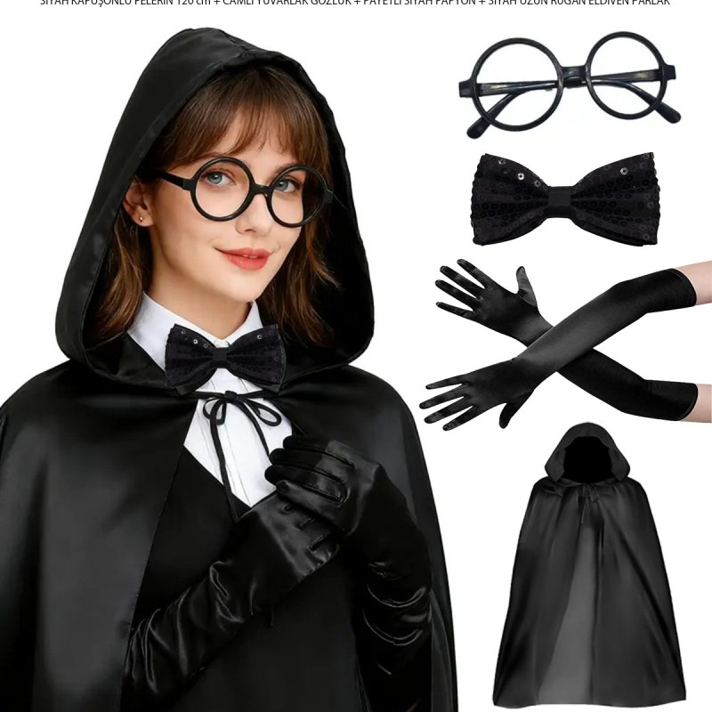 Siyah Kapüşonlu Büyücü ve Cadı Pelerin Kostüm Seti (4 Parça)