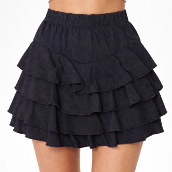 Siyah Katlı Mini Fırfıtlı Etek Lastikli Yüksel Bel, Volanlı Tasarım, Rahat Kalıp, Günlük ve Şık Kombinelere Uygun Yazlık Etek - Siyah