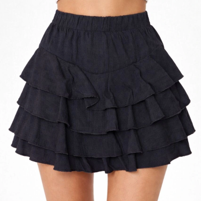 Siyah Katlı Mini Fırfıtlı Etek Lastikli Yüksel Bel, Volanlı Tasarım, Rahat Kalıp, Günlük ve Şık Kombinelere Uygun Yazlık Etek - Siyah