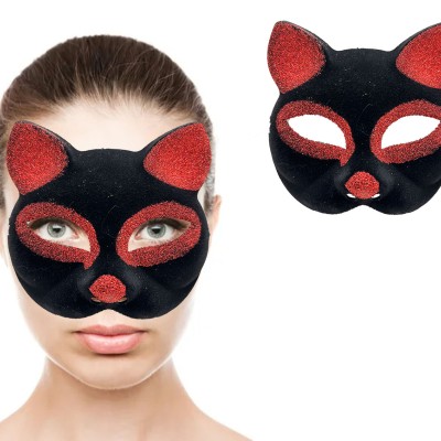 Siyah Kırmızı Simli Süet Kedi Maskesi