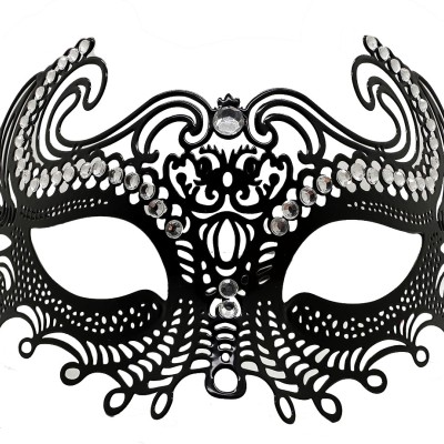 Siyah Lazer Kesim Kristal Taşlı Metal Venedik Maskesi