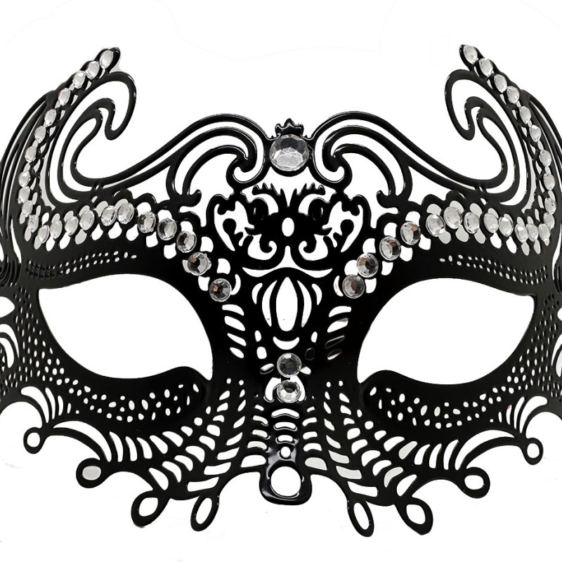 Siyah Lazer Kesim Kristal Taşlı Metal Venedik Maskesi