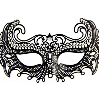 Siyah Lazer Kesim Kristal Taşlı Metal Venedik Maskesi
