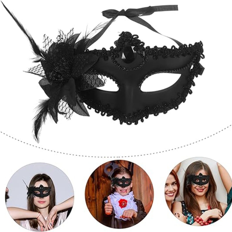 Siyah Mat Renk Yandan Tüylü Güllü Parti Balo Venedik Maskesi
