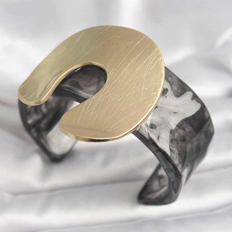 Siyah Mermer Desen Akrilik Plastik Gold Nal Model Plaka Vintage Kadın Bilezik