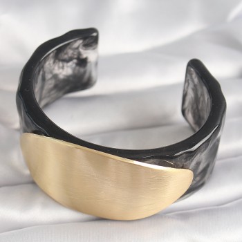 Siyah Mermer Desen Akrilik Plastik Gold Oval Plaka Model Vintage Kadın Bilezik