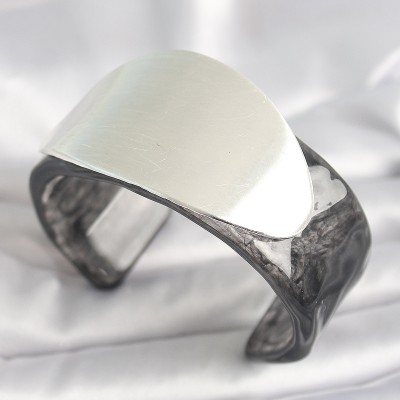 Siyah Mermer Desen Akrilik Plastik Gümüş Oval Plaka Model Vintage Kadın Bilezik