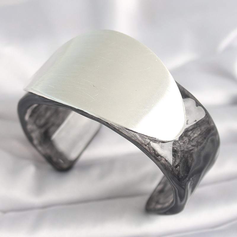 Siyah Mermer Desen Akrilik Plastik Gümüş Oval Plaka Model Vintage Kadın Bilezik