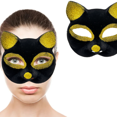 Siyah Renk Gold Simli Kedi Maskesi