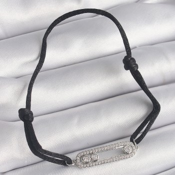 Siyah Renk İpli Asansör Zirkon Taşlı Gümüş Messika Model Kadın Bileklik