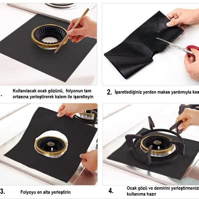  Siyah Renk Ocak Koruyucu Folyo Yanmaz Yapışmaz 4'lü Set