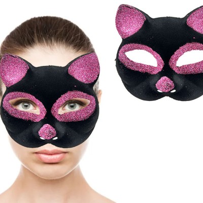 Siyah Renk Pembe Simli Kedi Maskesi
