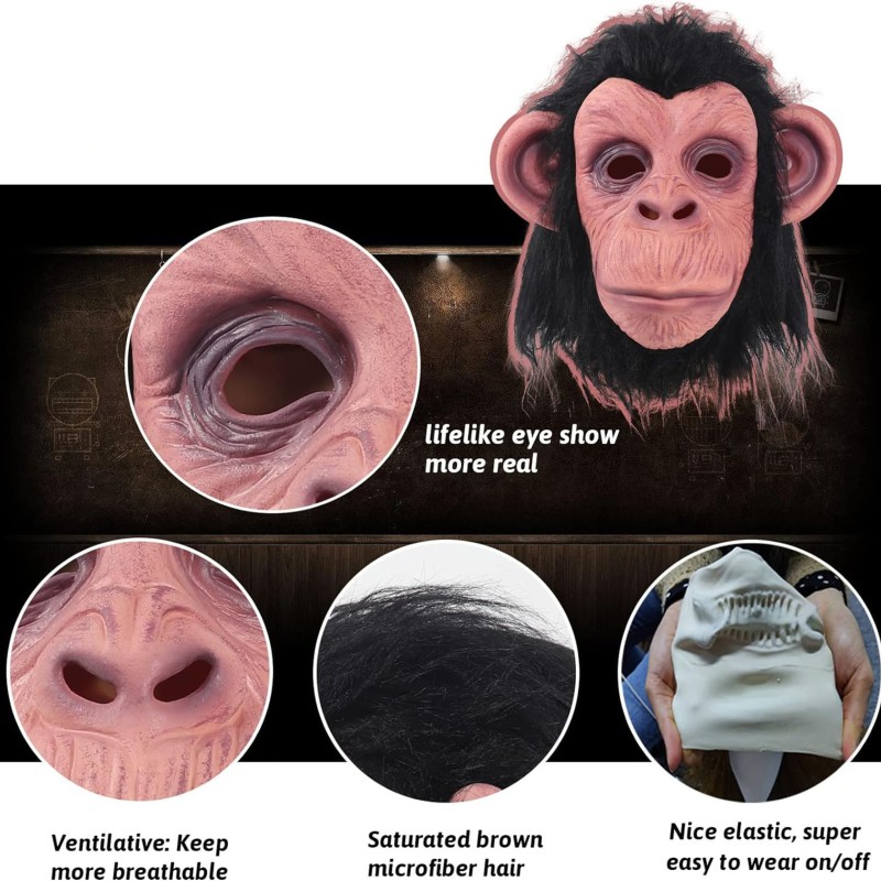 Siyah Saçlı Lateks Şempanze Maskesi 