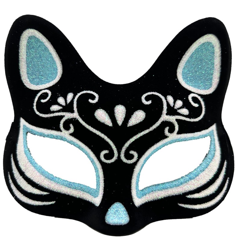 Siyah Süet Gümüş Mavi Simli Kedi Maskesi
