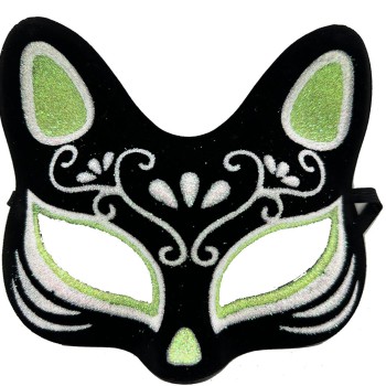Siyah Süet Kaplama Gümüş Yeşil Simli Kedi Maskesi
