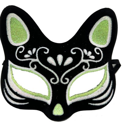 Siyah Süet Kaplama Gümüş Yeşil Simli Kedi Maskesi