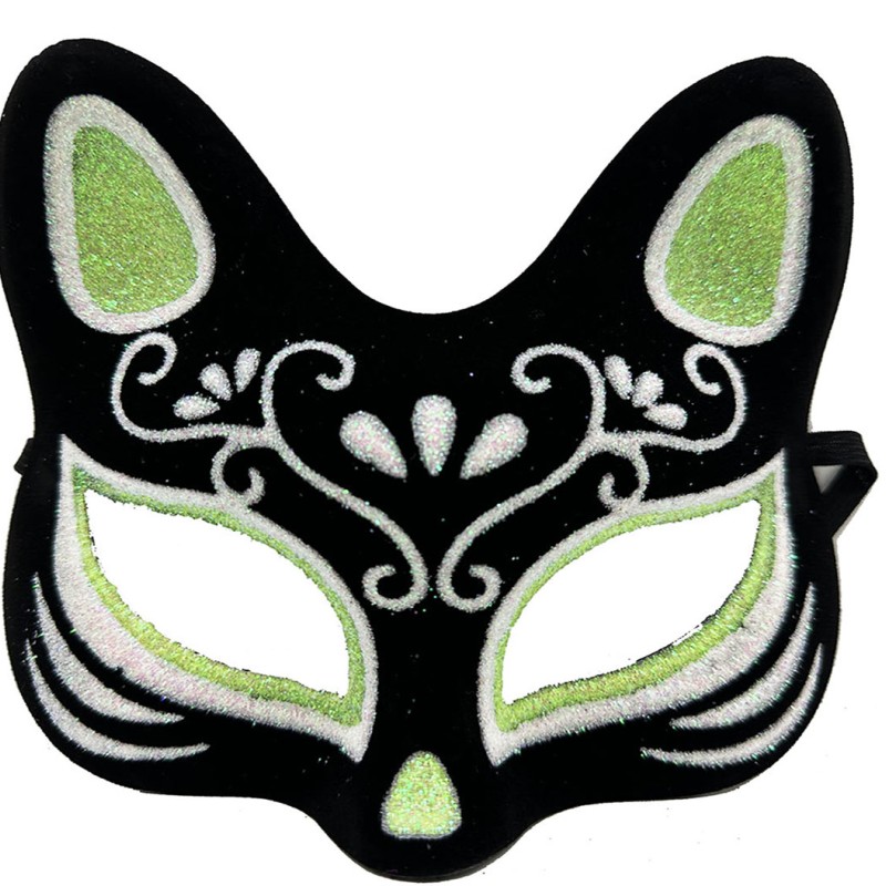 Siyah Süet Kaplama Gümüş Yeşil Simli Kedi Maskesi