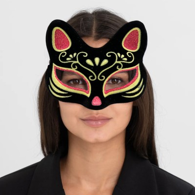 Siyah Süet Kırmızı Sarı Simli Kedi Maskesi