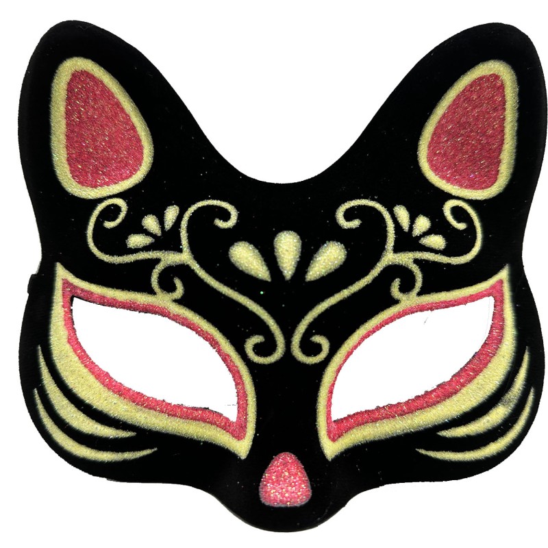 Siyah Süet Kırmızı Sarı Simli Kedi Maskesi