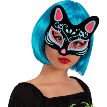 Siyah Süet Mavi Kırmızı Simli Kedi Maskesi