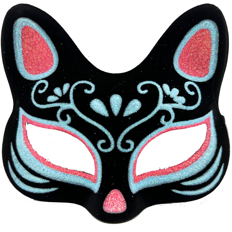 Siyah Süet Mavi Kırmızı Simli Kedi Maskesi